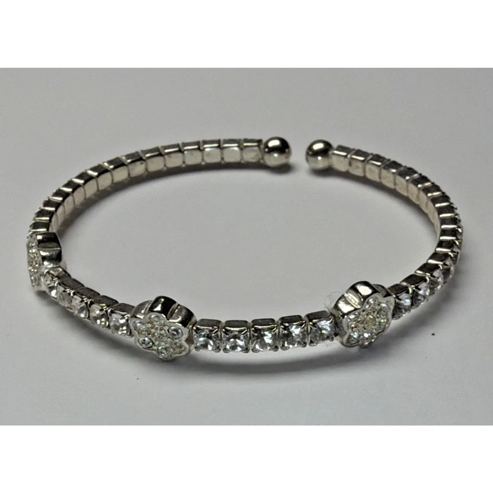Vintage Clear Rhinestone Silver Cuff Bracelet Flower Clover